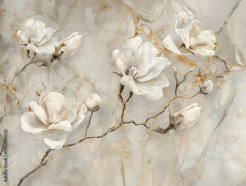 A beautiful painting of a field of flowers with butterflies flying around. The painting is made of white and gold materials, giving it a luxurious and elegant feel