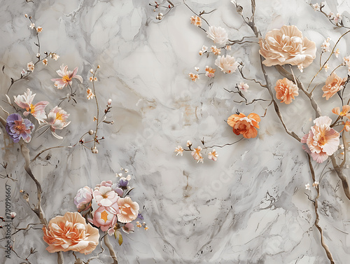 A beautiful painting of a field of flowers with butterflies flying around. The painting is made of white and gold materials, giving it a luxurious and elegant feel