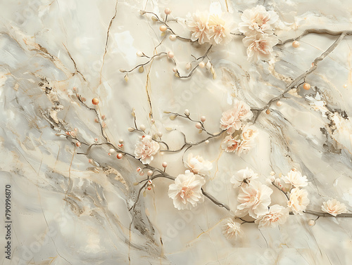 A beautiful painting of a field of flowers with butterflies flying around. The painting is made of white and gold materials, giving it a luxurious and elegant feel