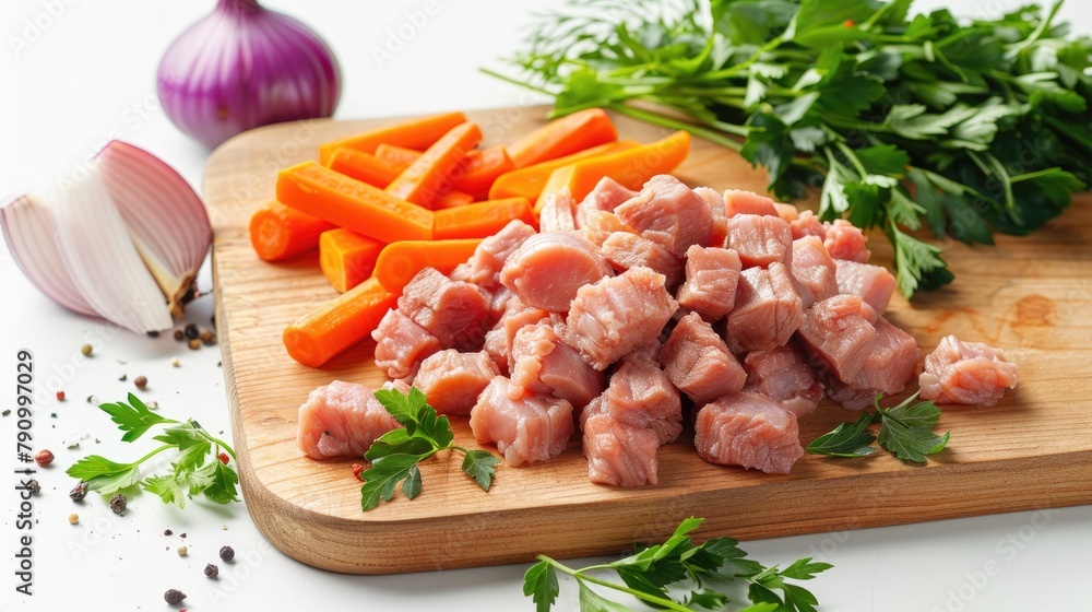 Diced pork with carrots and onions on a cutting board against a white backdrop viewed from the side