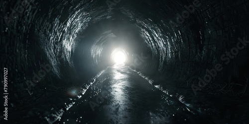 Hopelessness: The Dark Tunnel and Distant Light - Visualize a dark tunnel with a distant light, illustrating feelings of hopelessness photo