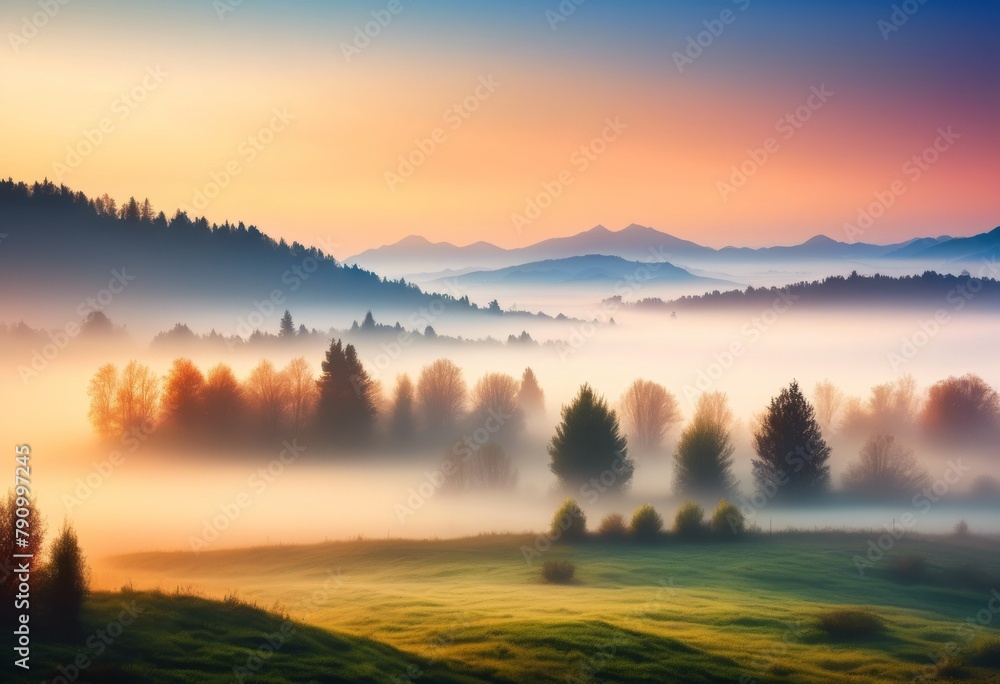 Obraz premium illustration, enchanting misty landscape capturing scenic views foggy conditions, nature, weather, outdoors, tranquil, atmospheric, ethereal, serene