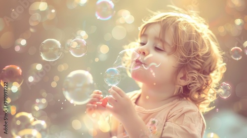 Cute toddler blowing bubbles and making a playful mess, their innocent mischief captured in a joyful moment.