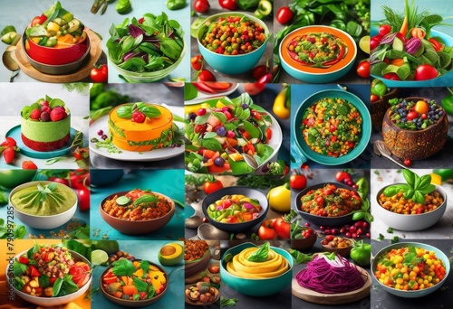 illustration, colorful vegan recipes collage fresh healthy plant based cooking ideas, ingredients, vegetables, fruits © Yaraslava