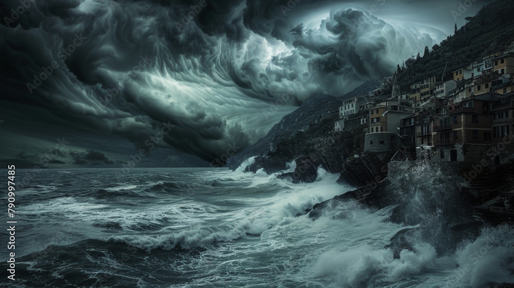Dark storm clouds looming over a coastal town as waves crash against rocky cliffs, illustrating the power and fury of a looming storm. - obrazy, fototapety, plakaty 