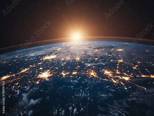 A view of the Earth from space with a bright orange sun in the background. The stars are twinkling and the planet is illuminated by the sun