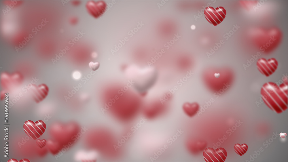 Abstract  background with heart. wallpaper. 4k screensaver. 3D White and red hearts with a pattern on a soft pink background fly up. Valentine's Day, blurry for a wedding. Lovers, Romantic love 