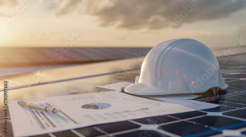 Hard Hat and Project Blueprint on Solar Panels with Wind Turbines in Dusk Light