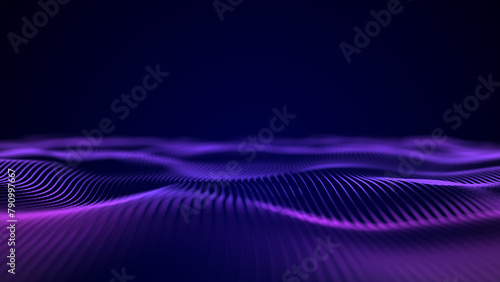 Abstract waves oscillation. Abstract glowing digital cyber wave made particles dots moves purple background. Purple digital waves with light reflections on dark purple. 10k.