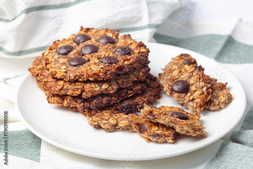 Oat Cookies Healthy Delicious Dessert on Green White Table Cloth Closeup