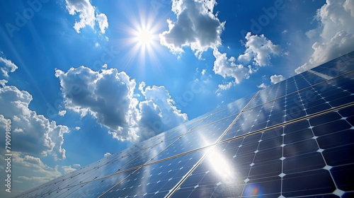 Solar Panels with Sun and Clouds in Blue Sky