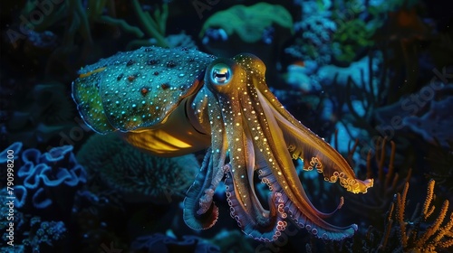 Cuttlefish resting on coral reef in Asia at night illuminated