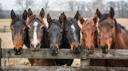 A group of horses are standing in a field and looking at the camera photo