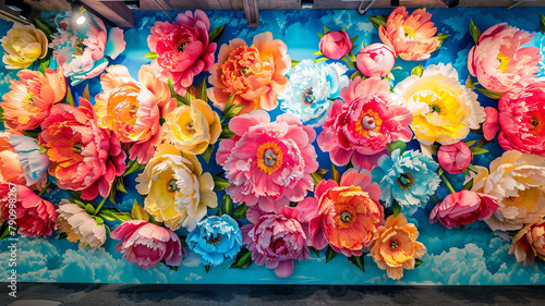 A fitness room energized by a wall of vibrant 3D peony wallpaper The colorful, dynamic backdrop motivates and invigorates the space, enhancing workout sessions photo