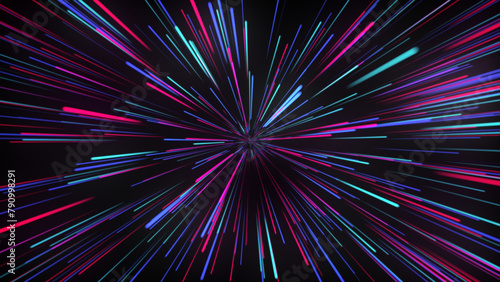 Multi-colored, rainbow splash of glowing synthetic lines. Abstract data flow tunnel radial lines explosion stars. Looped 3d futuristic background, hyperspace zoom. Neon.