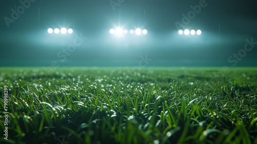 A football field is wet and the grass is green