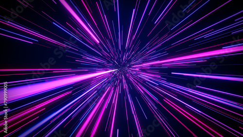  Multi-colored, rainbow splash of glowing synthetic lines. Abstract data flow tunnel radial lines explosion stars. 3d futuristic background, hyperspace zoom. Neon. Time 