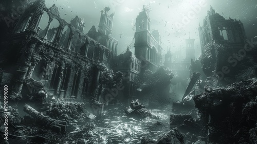 Mysterious sunken city beneath the ocean illuminated by ethereal light photo
