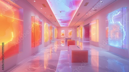 Surreal art gallery with colorful lights and modern, minimalist design