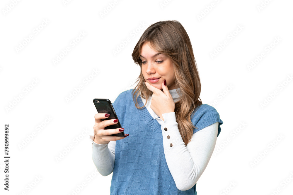 Young girl over isolated chroma key background thinking and sending a message Young girl over isolated chroma key background thinking and sending a message