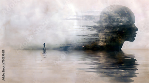 A solitary figure walks before a monumental silhouette of a human head, suggesting a profound contemplation on the vastness of the mind. 