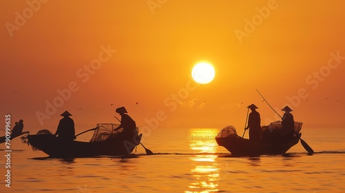 Fishermen hauling in their catch at dawn, their silhouettes framed by the rising sun. photo
