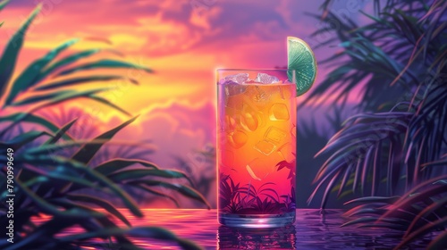 Colorful tropical cocktail against a vibrant sunset backdrop, ideal for summer themes photo