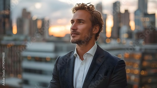 A man in a business suit symbolizing success against a cityscape. Concept Success, Business Suit, Cityscape, Symbolism, Professionalism photo