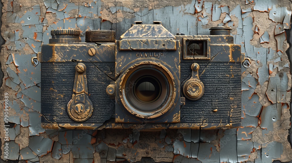 Retro-styled vintage camera with bronze details on a cracked tile backdrop