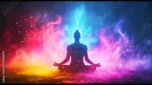 Silhouette of a person sitting in a lotus position in meditation with a bright multi-colored aura photo