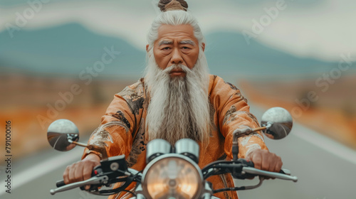 A Chinese man with a long beard is riding a motorcycle down a road. The man is wearing a leather jacket and he is enjoying the ride. chinese kung fu master, white hair tied in a bun, a lwhite goatee. photo