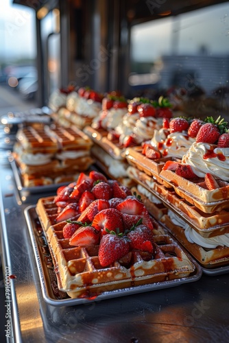 Table adorned with abundant waffles topped with strawberries
