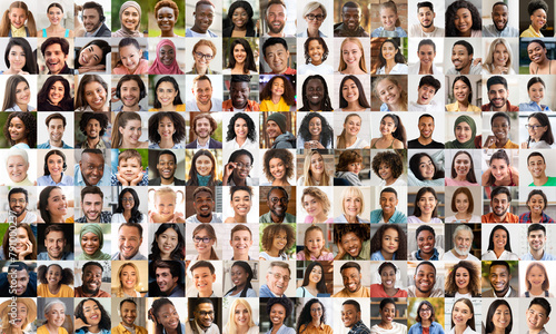 Foto Grid of diverse blurred faces in collage