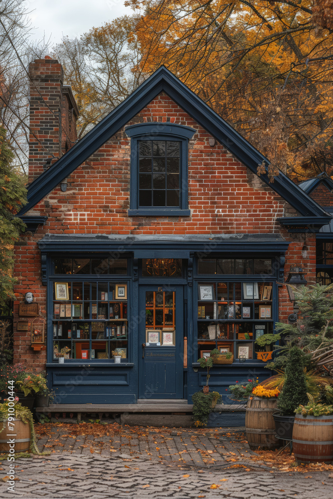 Brick building with blue door and windows Brick building with blue door and windows