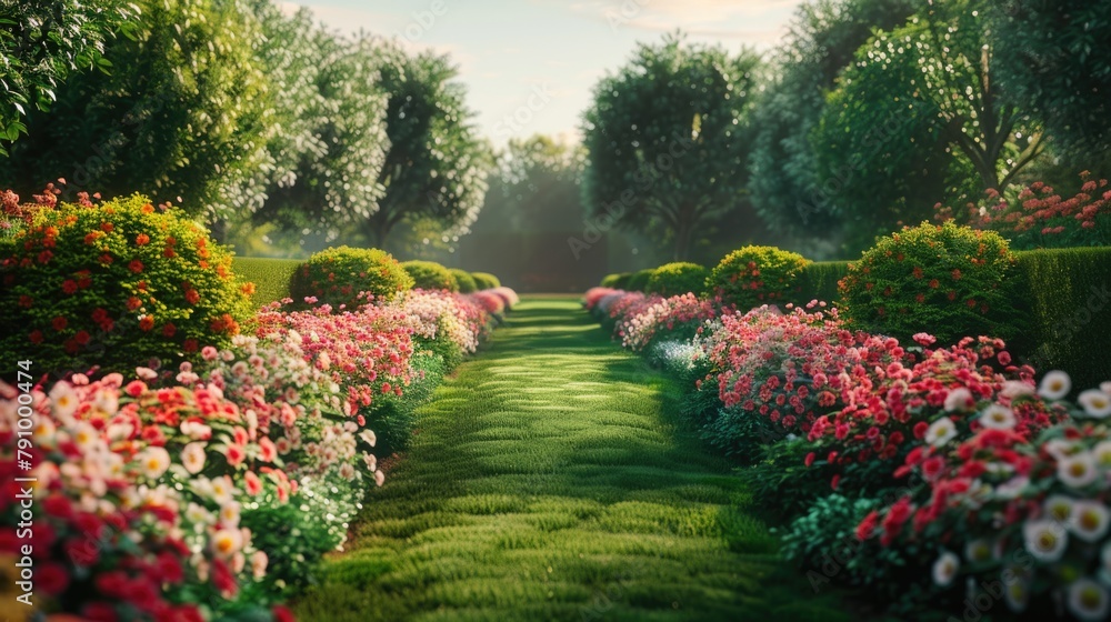 Scenic Flower-Lined Garden Path in Morning Light Scenic Flower-Lined Garden Path in Morning Light