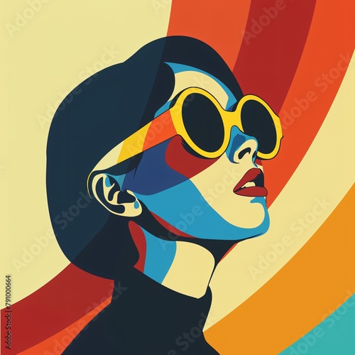 Graphic illustration of a girl with stylized sunglasses in minimalist style on colorful background