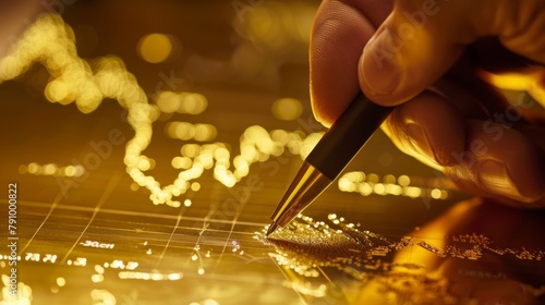 Hand holding a pen pointing to a specific data point on a gold price line graph during a meeting. photo