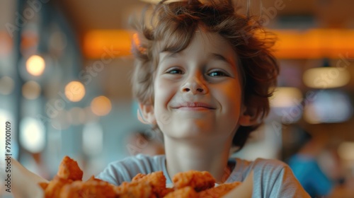 Smiling Boy Enjoying Chicken Nuggets at a Fast Food Restaurant