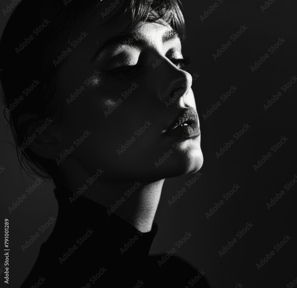 Dramatic Black and White Portrait of Woman with Intense Shadow Play