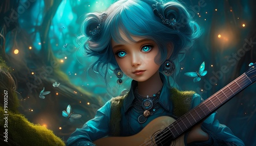 Märchenmädchen spielt Gitarre in einen Märchenwald.  photo