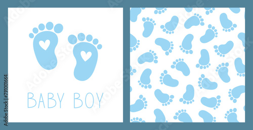 Baby boy card and seamless pattern, perfect for baby shower party. Blue newborn footprints and handwritten text. Vector illustration.