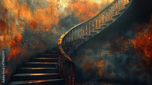 Eerie bronze staircase in an industrial setting with gritty textures and intense colors