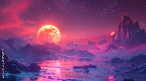 Stunning alien landscape under a vibrant pink sky with glowing crystals and surreal rock formations