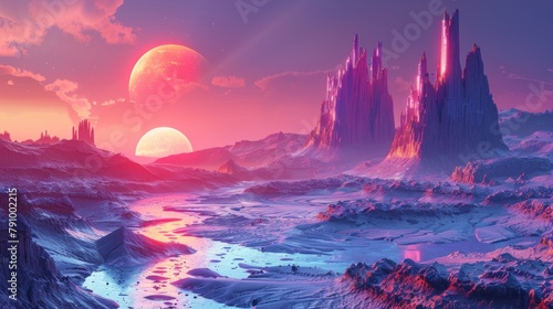 Stunning alien landscape under a vibrant pink sky with glowing crystals and surreal rock formations