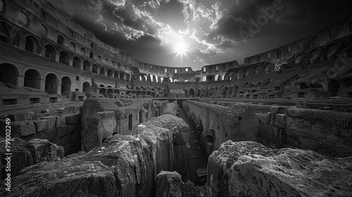 Ancient coliseum under dramatic skies: A timeless monument in monochrome