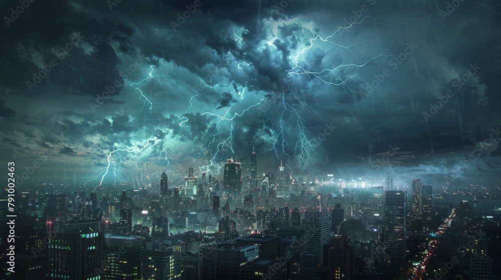 Lightning illuminating the night sky over a city skyline as a ...