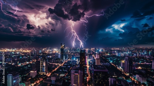 Lightning illuminating the night sky over a city skyline as a thunderstorm rolls in  creating a striking contrast between light and darkness.