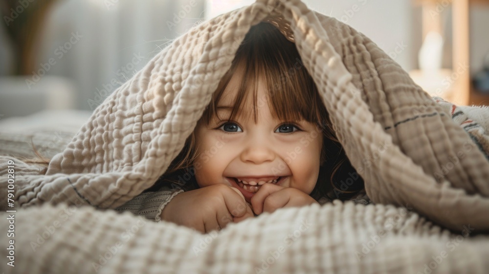 Playful toddler playing peek-a-boo behind a soft blanket, their laughter filling the room with joy. Playful toddler playing peek-a-boo behind a soft blanket, their laughter filling the room with joy.