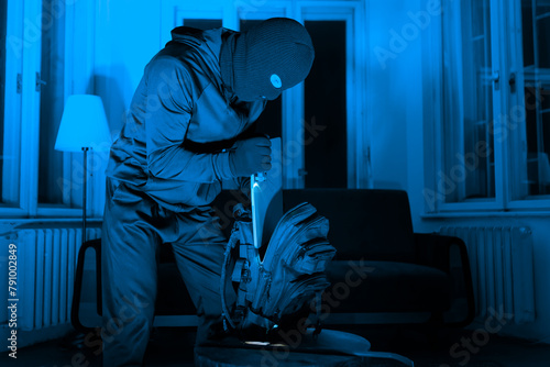 Thief rummaging through a backpack in nighttime photo