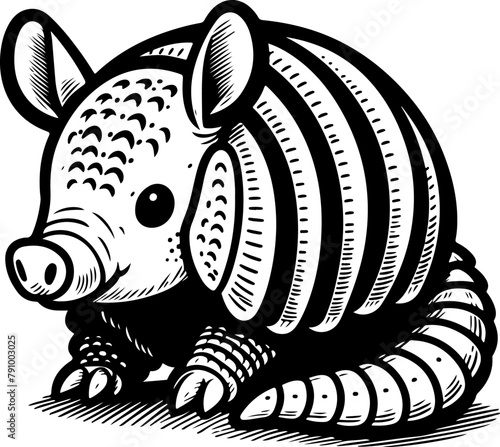 Armadillo black outline children coloring book illustration.